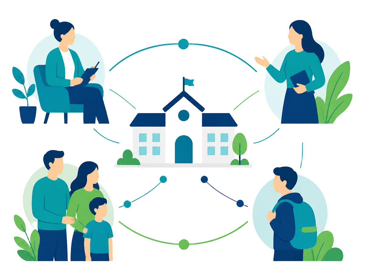 Ilustração conectando escola, psicólogo, professor, família e aluno