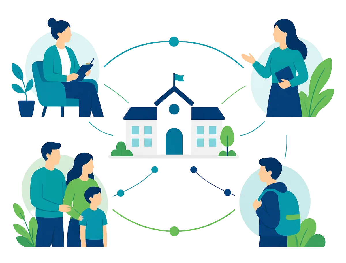 Ilustração conectando escola, psicólogo, professor, família e aluno